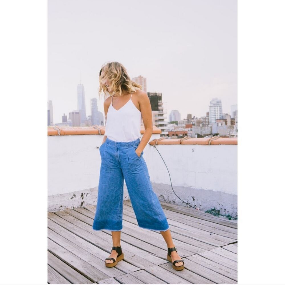 AYR Vibes Light Blue Pleated Wide-Leg Frayed Cropped Denim Women 27 Jeans
